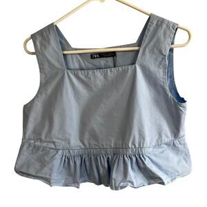 Zara Women's Medium pastel blue cropped top with ruffle hem, 100% cotton, new